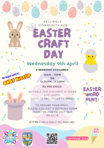 Colorful Easter Craft Day flyer with pastel eggs, bunnies, and spring decorations. Event details: Wednesday, 9th April, 10 AM-12 PM or 12:30 PM-2:30 PM. Suitable for children 10 and under. Includes Easter word hunt. Booking required.