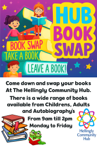 468cd20b-d706-4557-a78b-d8b65f96ba81 Colorful poster for a "Hub Book Swap" at Hellingly Community Hub, featuring illustrated children, books, and text inviting people to swap books from 9am–2pm, Monday to Friday.
