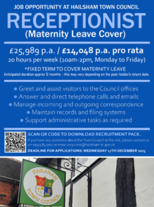 Job advert for a Receptionist (maternity leave cover) at Hailsham Town Council, showing pay, hours, duties, application info, a QR code, and the town council logo on a blue background. Closing date: 17th December 2025.