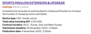 Image showing a notice from Hellingly Parish Council about a Sports Pavilion Extension & Upgrade tender. The project value is £225,000. Deadline: 29 November 2025. Published: 4 November 2025. Location: Surrey, East and West Sussex.