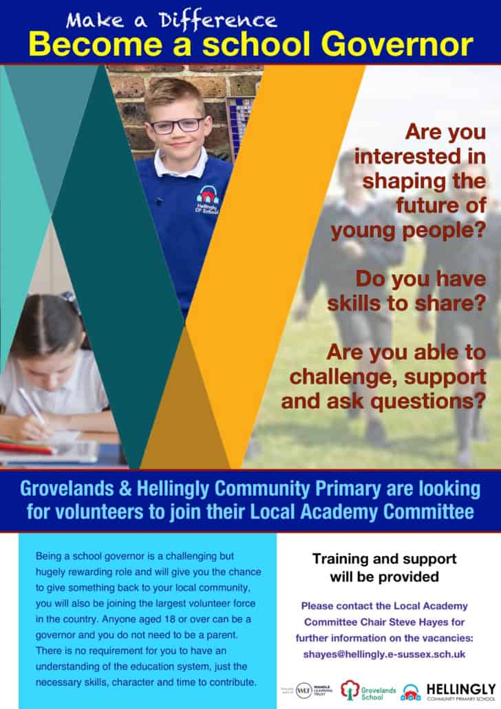 Poster inviting volunteers to become school governors for Grovelands & Hellingly Community Primary, featuring text about the role, its rewards, training provided, and contact information for those interested in joining.